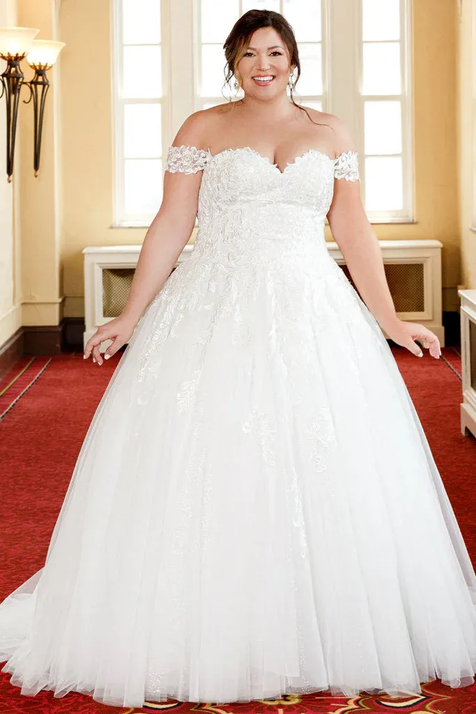 Michelle Bridal For Sydney's Closet MB2310 Soft Bridal Tulle Over Embossed Tulle Floral Pattern Embroidered Lace Appliques Clear Sequins Off The Shoulder Lace Straps  Plus Size "Denali" Bridal Gown