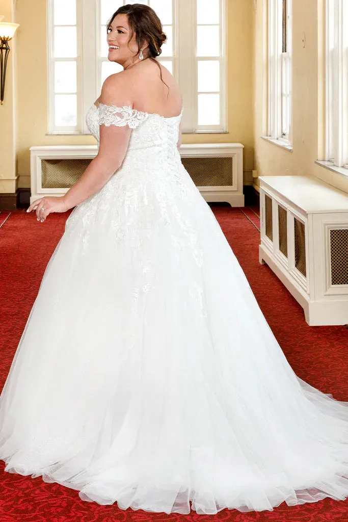 Michelle Bridal For Sydney's Closet MB2310 Soft Bridal Tulle Over Embossed Tulle Floral Pattern Embroidered Lace Appliques Clear Sequins Off The Shoulder Lace Straps  Plus Size "Denali" Bridal Gown