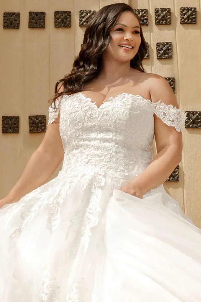Michelle Bridal For Sydney's Closet MB2310 Soft Bridal Tulle Over Embossed Tulle Floral Pattern Embroidered Lace Appliques Clear Sequins Off The Shoulder Lace Straps  Plus Size "Denali" Bridal Gown