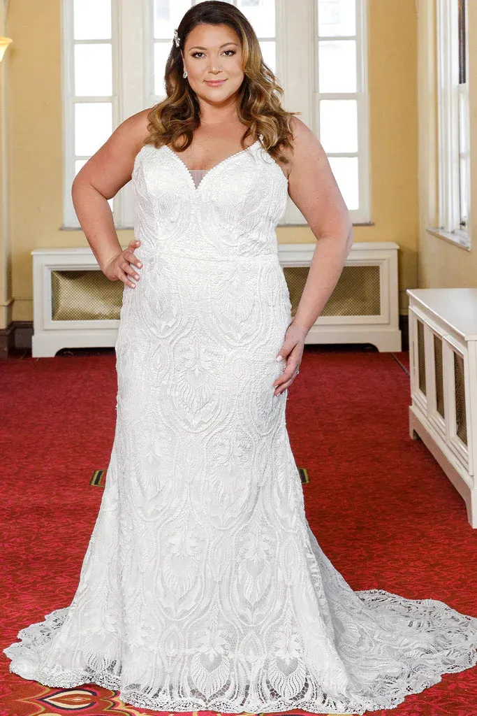 Michelle Bridal For Sydney's Closet MB2314 Slim Silhouette Crochet Lace Bridal Tulle V-Neck Optional Modesty Panelt Plus Size "Maya" Bridal Gown