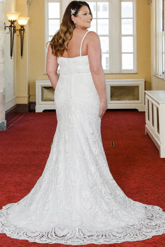 Michelle Bridal For Sydney's Closet MB2314 Slim Silhouette Crochet Lace Bridal Tulle V-Neck Optional Modesty Panelt Plus Size "Maya" Bridal Gown