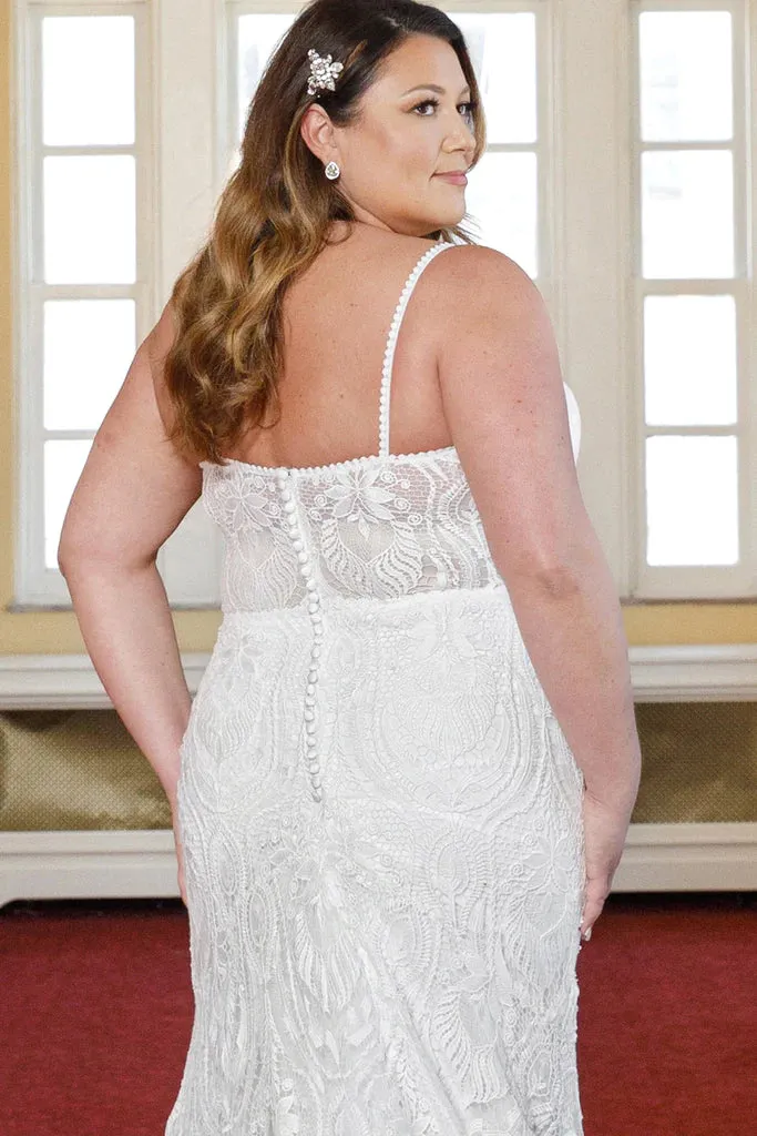 Michelle Bridal For Sydney's Closet MB2314 Slim Silhouette Crochet Lace Bridal Tulle V-Neck Optional Modesty Panelt Plus Size "Maya" Bridal Gown