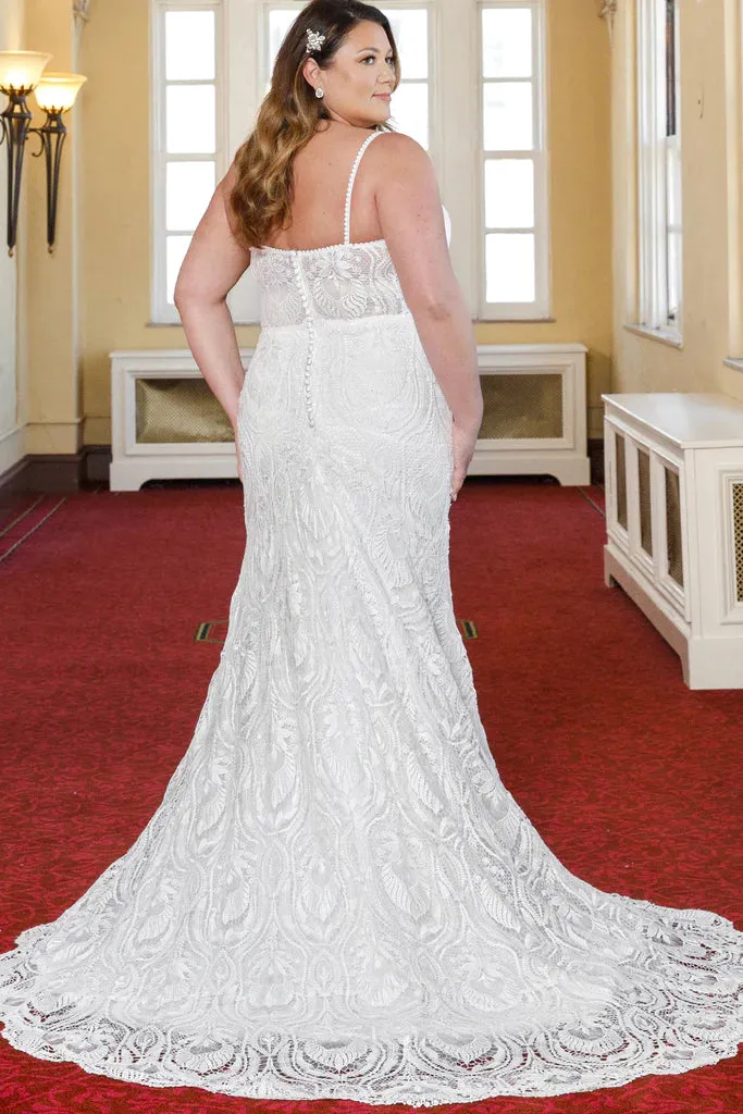Michelle Bridal For Sydney's Closet MB2314 Slim Silhouette Crochet Lace Bridal Tulle V-Neck Optional Modesty Panelt Plus Size "Maya" Bridal Gown