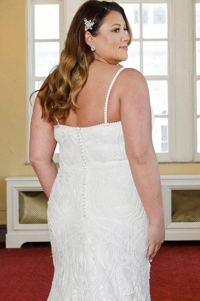 Michelle Bridal For Sydney's Closet MB2314 Slim Silhouette Crochet Lace Bridal Tulle V-Neck Optional Modesty Panelt Plus Size "Maya" Bridal Gown