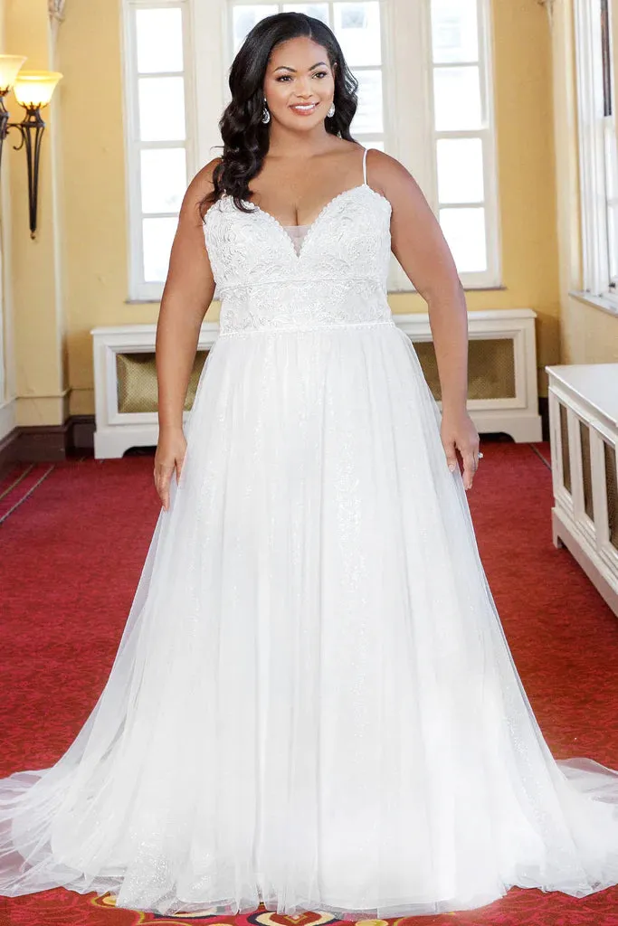 Michelle Bridal For Sydney's Closet MB2318 A-Line Lace Clear Sequins Soft Bridal Tulle Glitter Tulle Lace Trim Satin Plus Size "Coralie" Bridal Gown