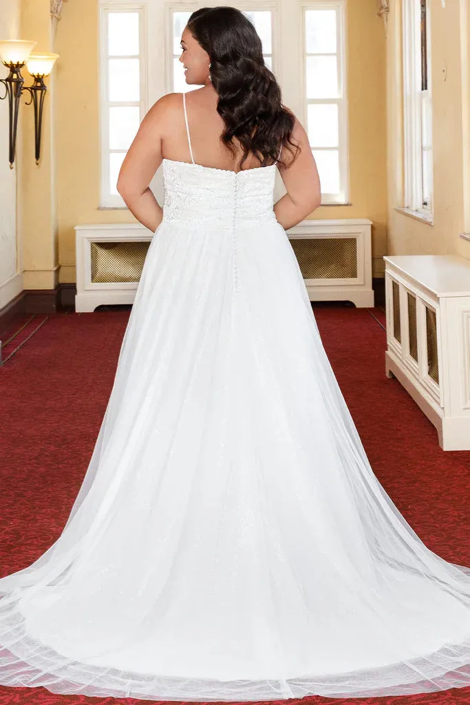 Michelle Bridal For Sydney's Closet MB2318 A-Line Lace Clear Sequins Soft Bridal Tulle Glitter Tulle Lace Trim Satin Plus Size "Coralie" Bridal Gown