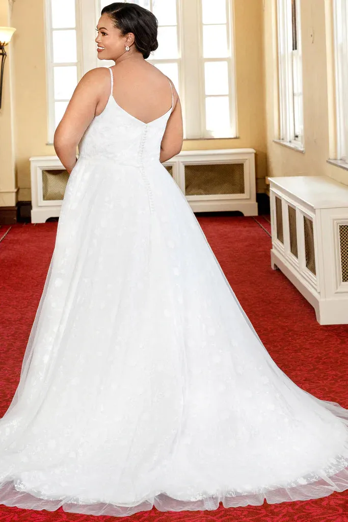 Michelle Bridal For Sydney's Closet MB2322 A-Line V-Neck Soft Bridal Tulle Embroidered Floral Net Bridal Satin V-Back Plus Size "Flora" Bridal Gown