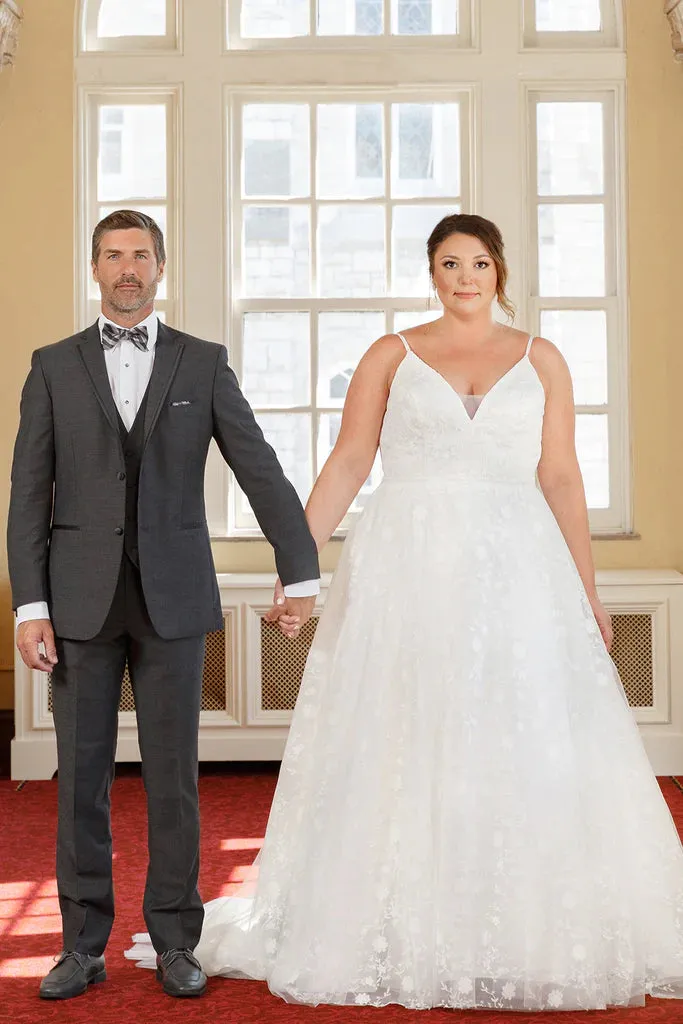 Michelle Bridal For Sydney's Closet MB2322 A-Line V-Neck Soft Bridal Tulle Embroidered Floral Net Bridal Satin V-Back Plus Size "Flora" Bridal Gown