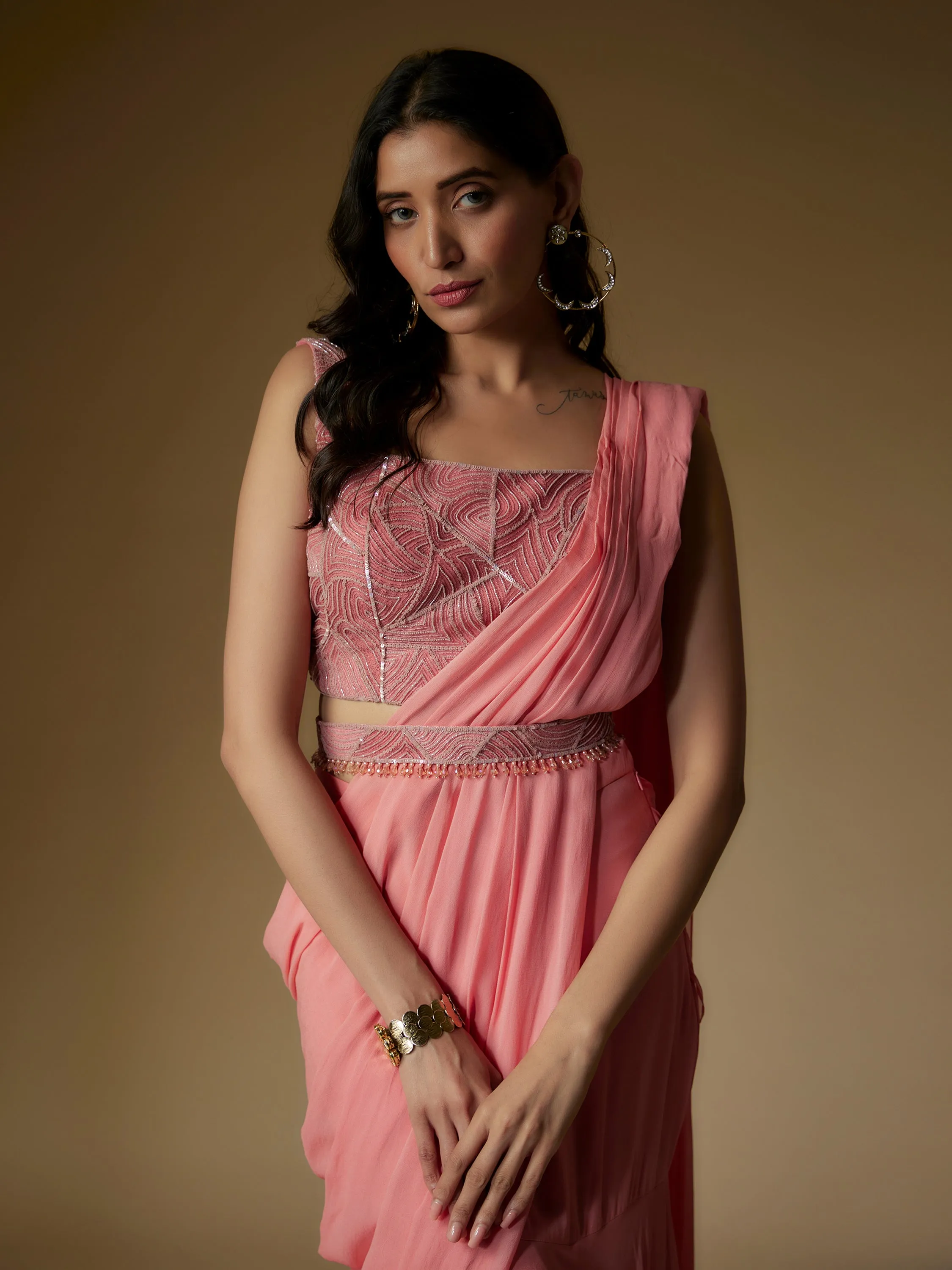 Old Rose Georgette Embroidered Draped Saree and Blouse Set
