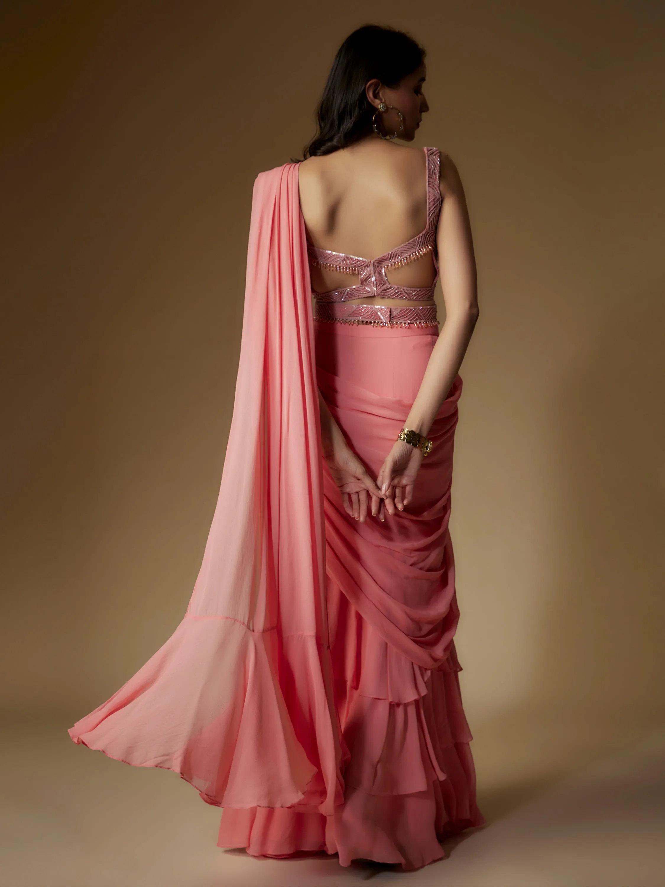 Old Rose Georgette Embroidered Draped Saree and Blouse Set