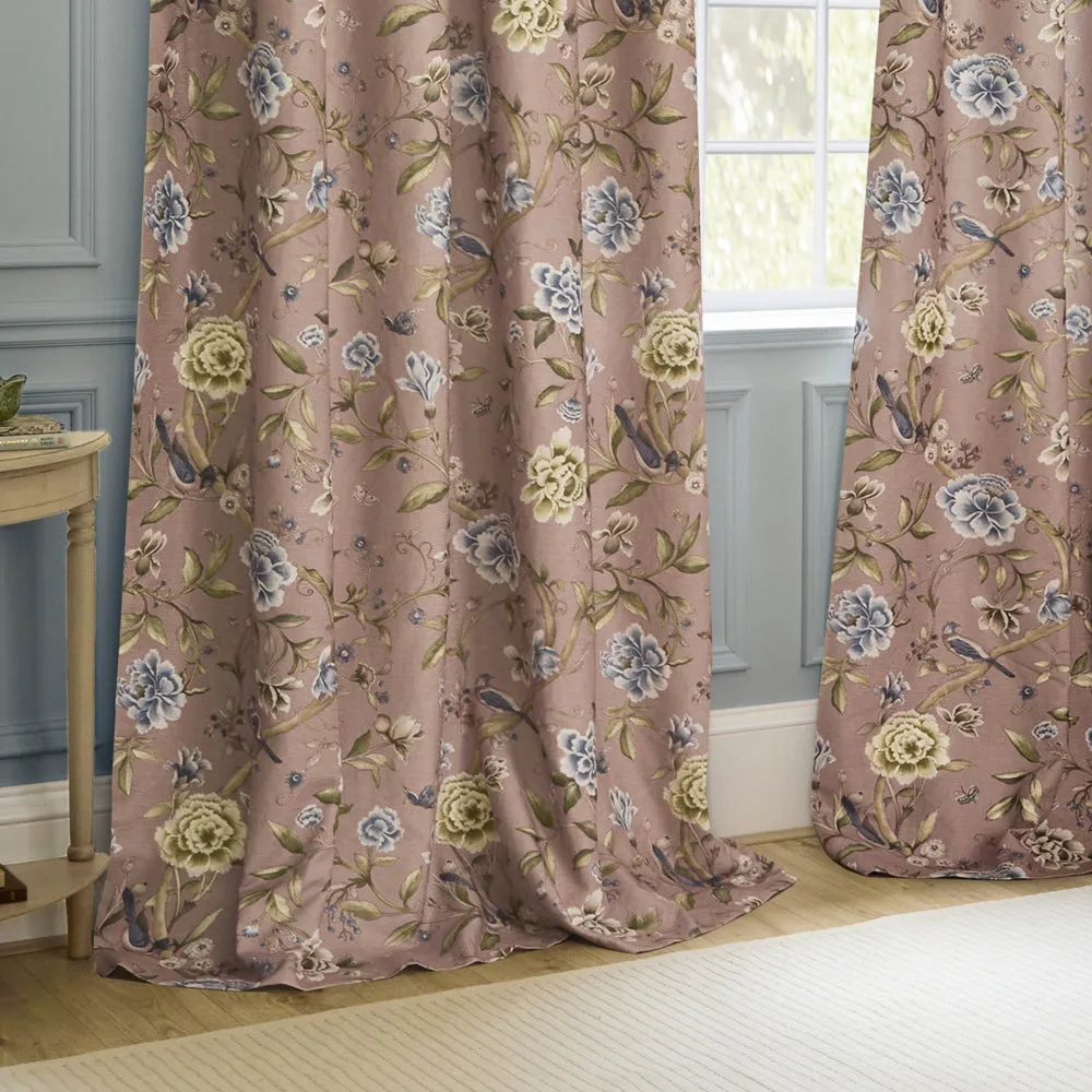 Porcelain Garden Printed Chenille Pencil Pleat Curtains Blush