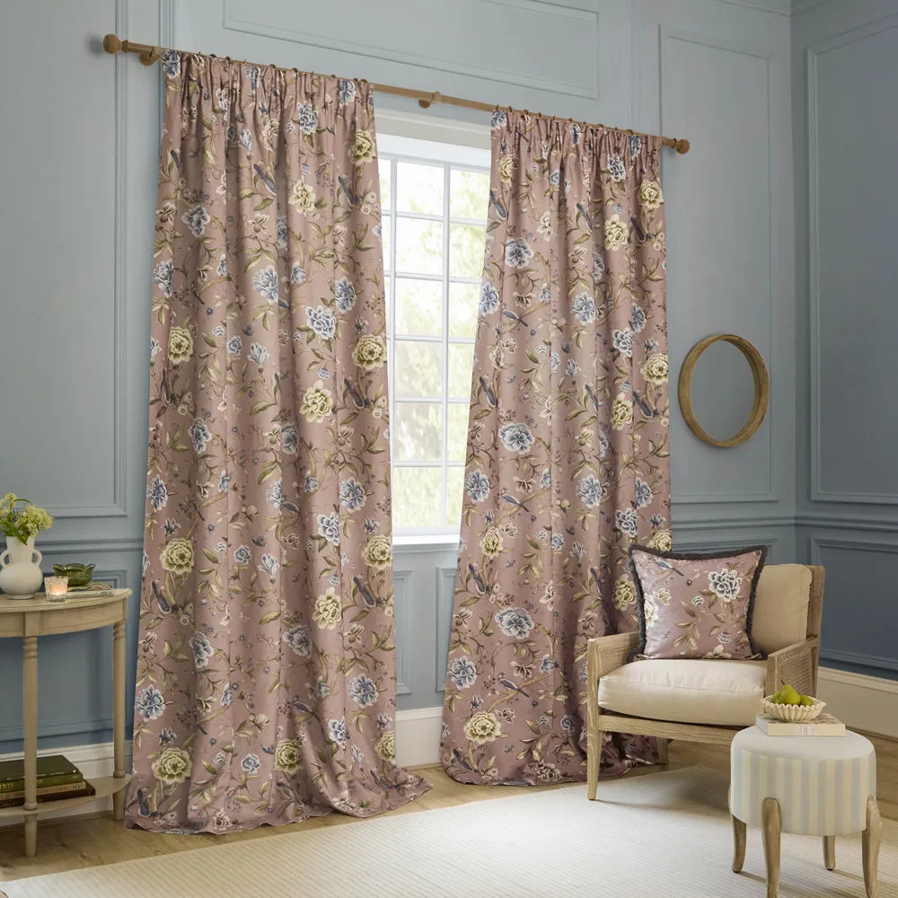 Porcelain Garden Printed Chenille Pencil Pleat Curtains Blush