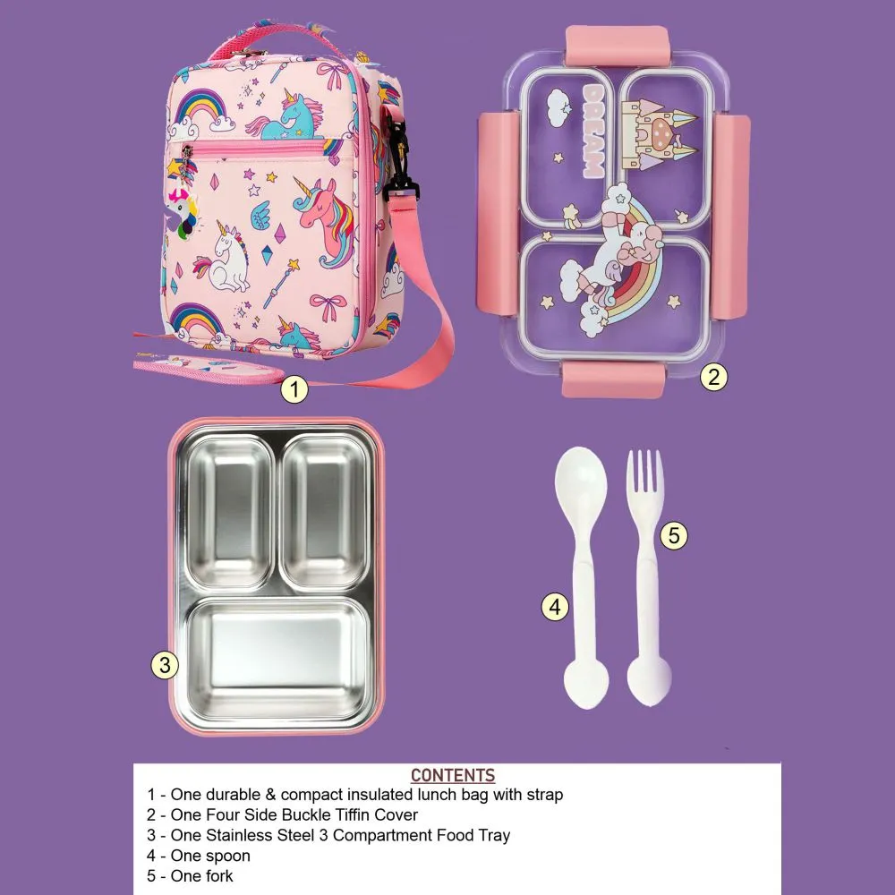 Princess Magic stainless Steel Kids Tiffin/ Lunch Box with matching Pink Lunch Bag