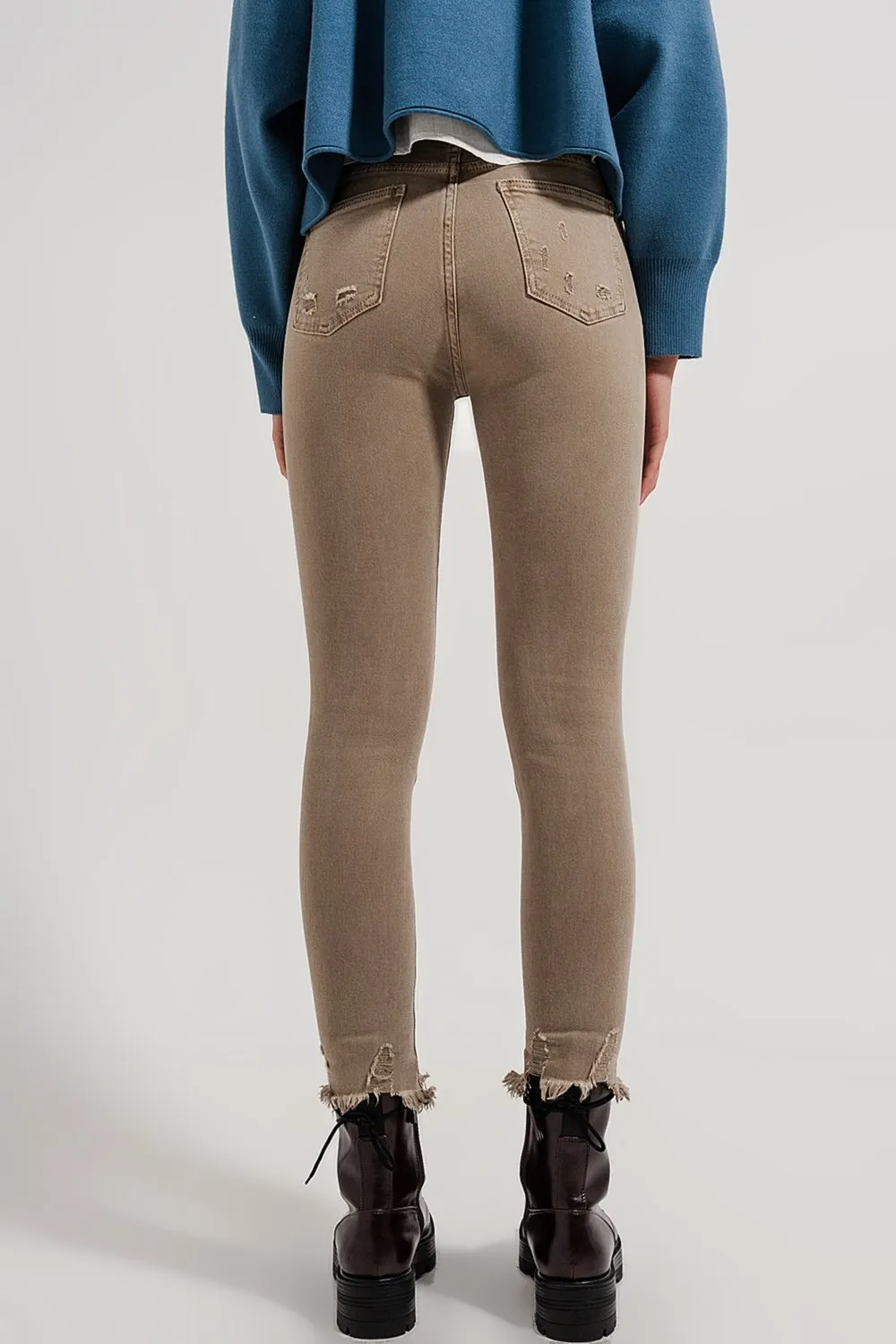 Raw Hem Skinny Jeans in Beige