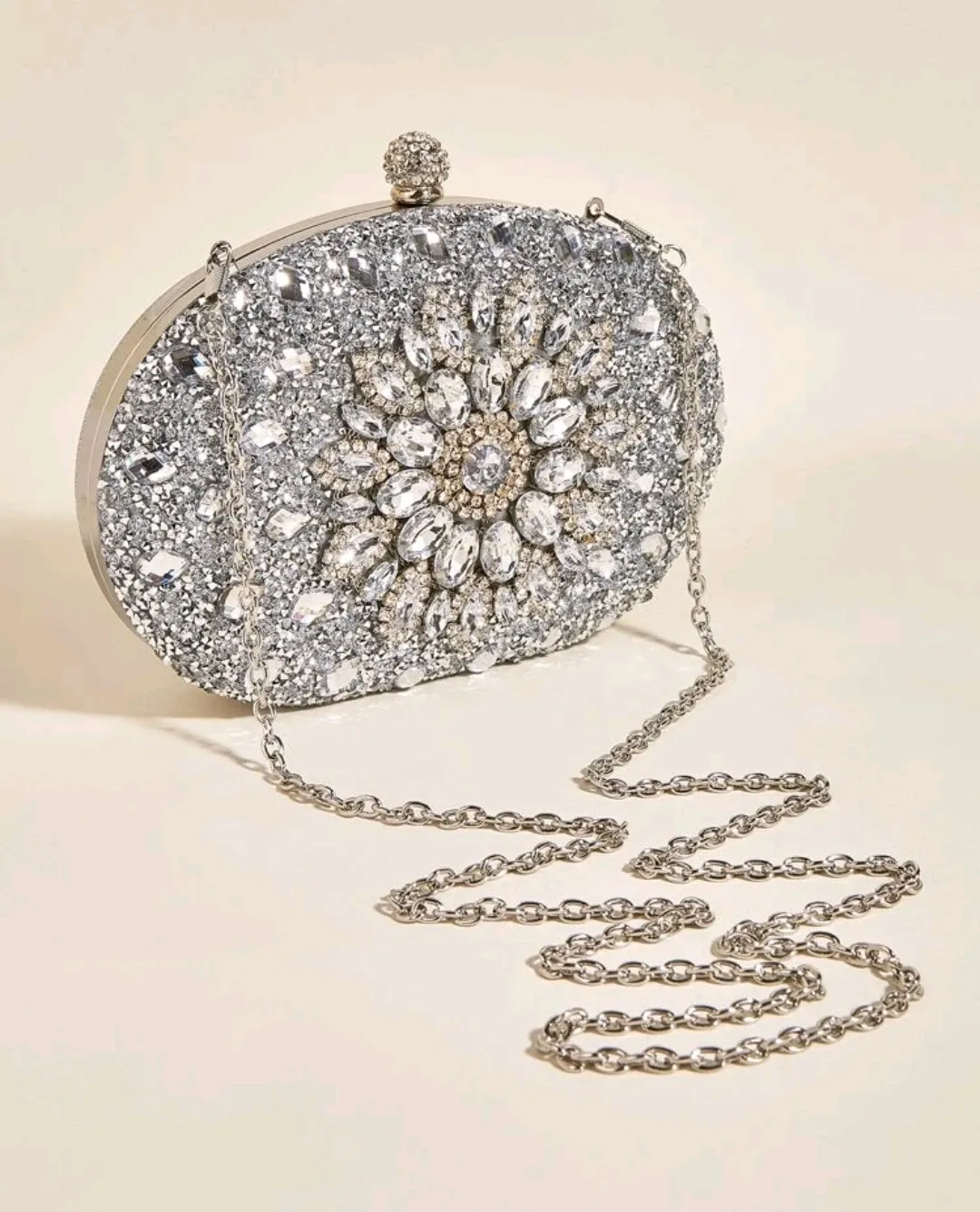 Silver Rhinestone & Beaded Decor Clutch.
