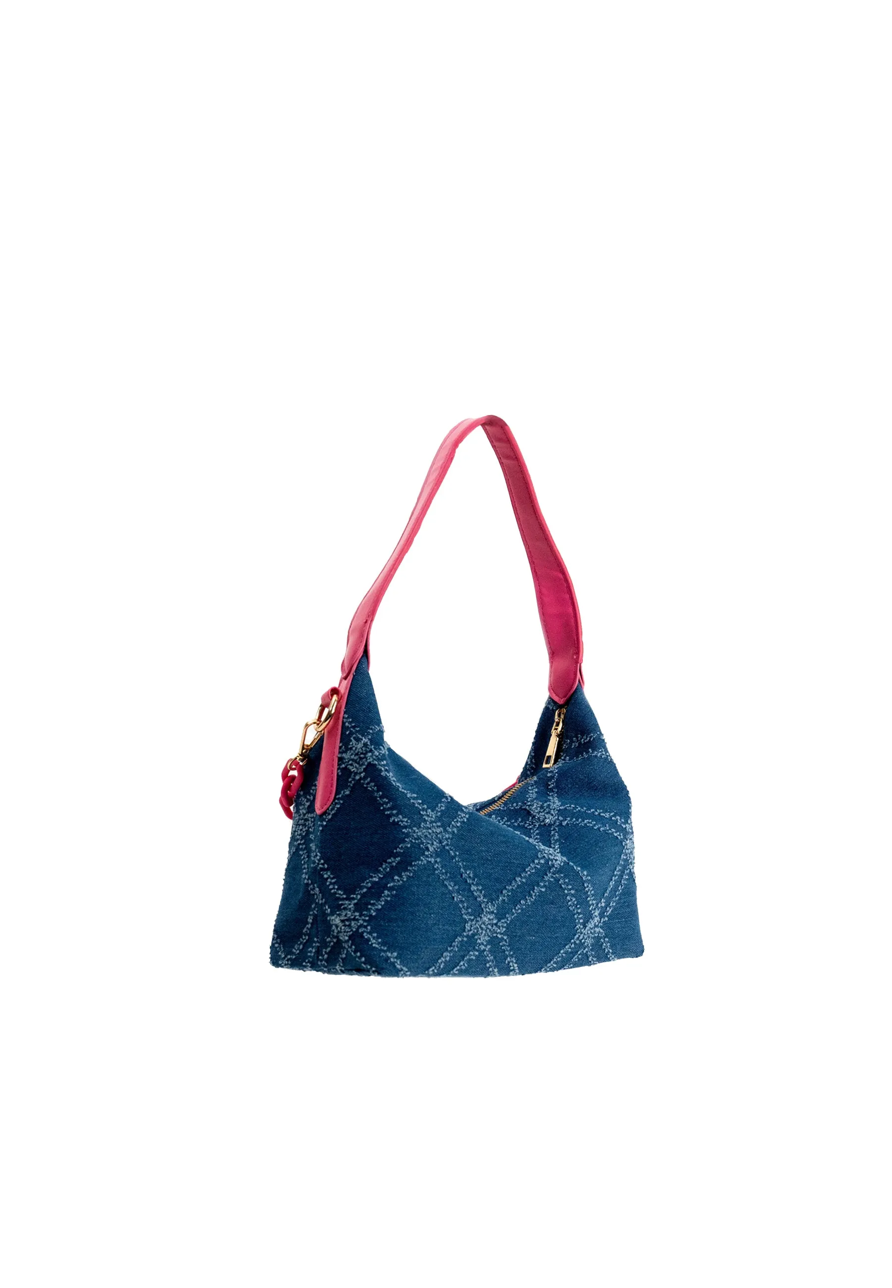 Slouchy Quilted Denim Chain Shoulder Bag in Blue and Pink