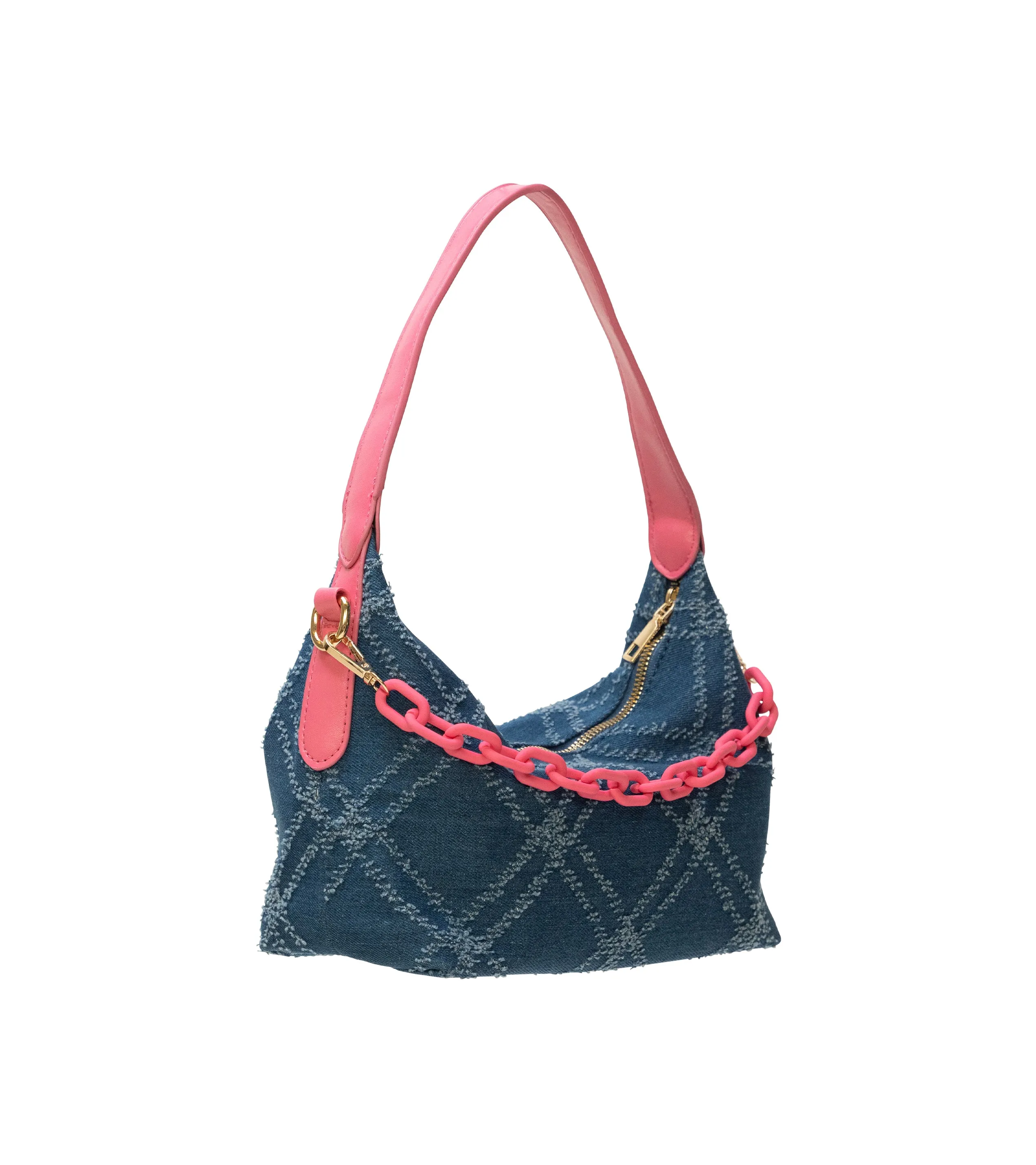 Slouchy Quilted Denim Chain Shoulder Bag in Blue and Pink