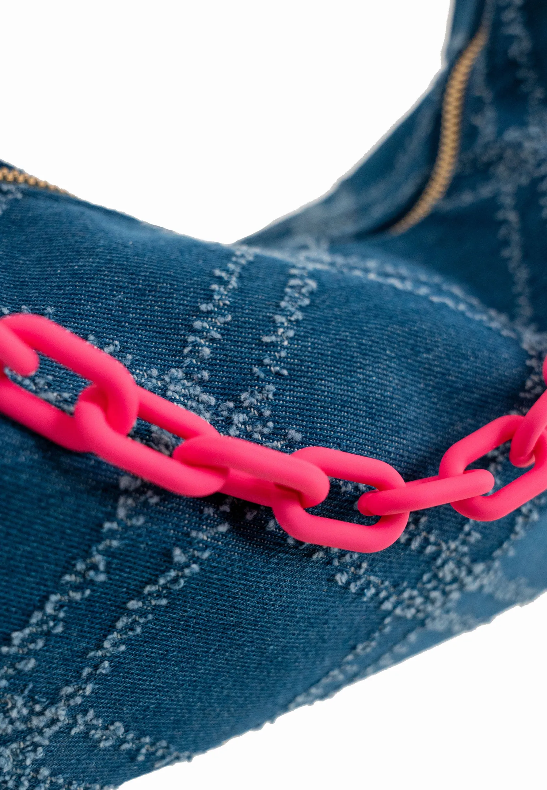 Slouchy Quilted Denim Chain Shoulder Bag in Blue and Pink