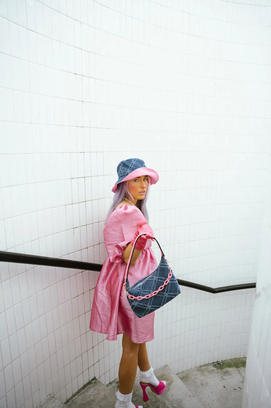 Slouchy Quilted Denim Chain Shoulder Bag in Blue and Pink