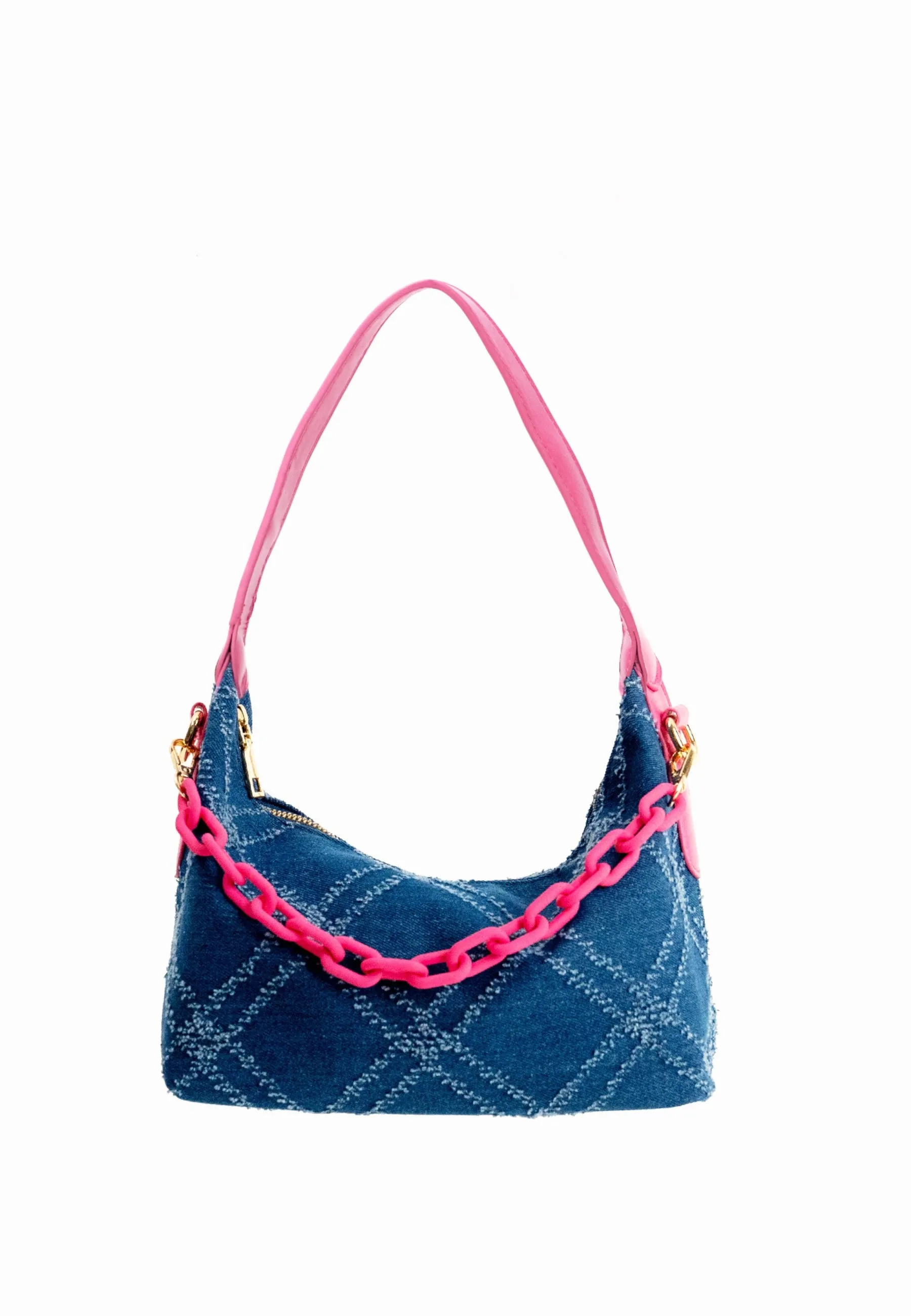 Slouchy Quilted Denim Chain Shoulder Bag in Blue and Pink