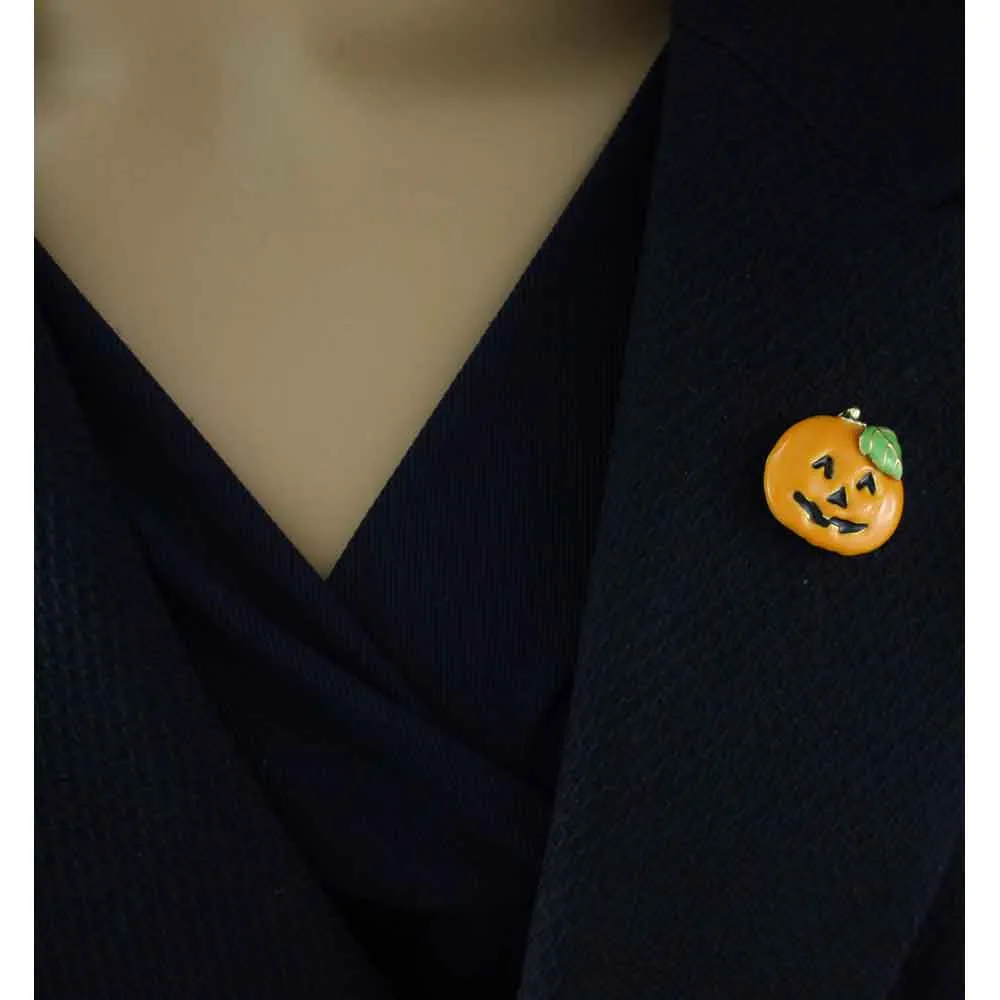Small Orange Enamel Jack O Lantern Halloween Lapel Tac Pin - PF242ET