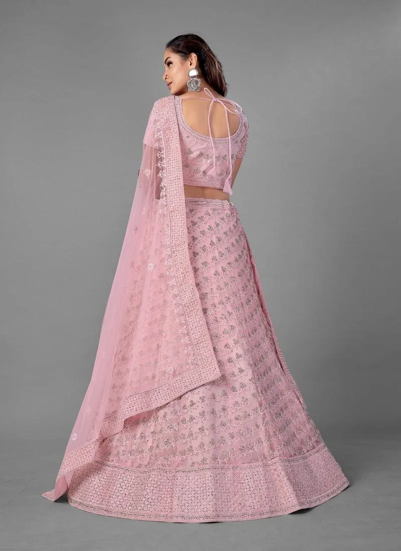 Stunning Pink Color Soft Net Base Heavy Work Bridal Lehenga With Same Color Blouse With Dupatta Set