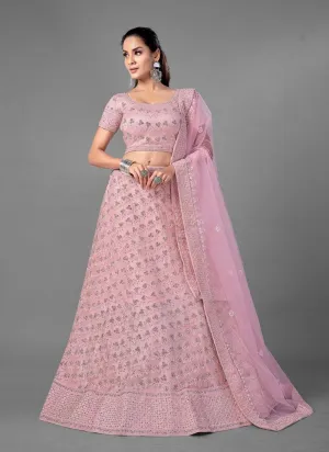 Stunning Pink Color Soft Net Base Heavy Work Bridal Lehenga With Same Color Blouse With Dupatta Set