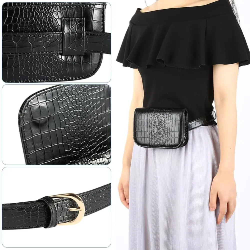 Vbiger PU Leather Waist Bag Chic Fanny Pack Fashionable Compact Waist Packs for Women, Crocodile Pattern, Black