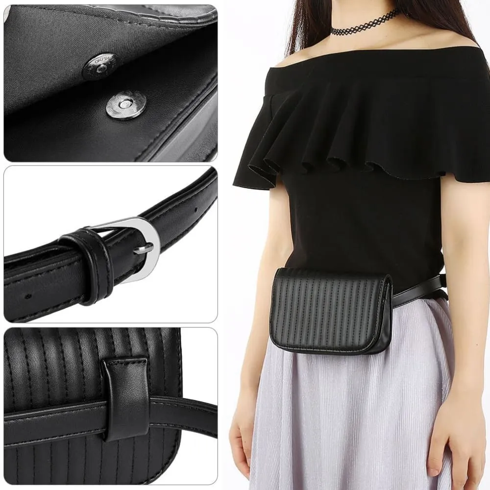Vbiger Women Waist Pack PU Leather Waist Bag Casual Fanny Pack with Adjustable Strap and Stripe Pattern, Black