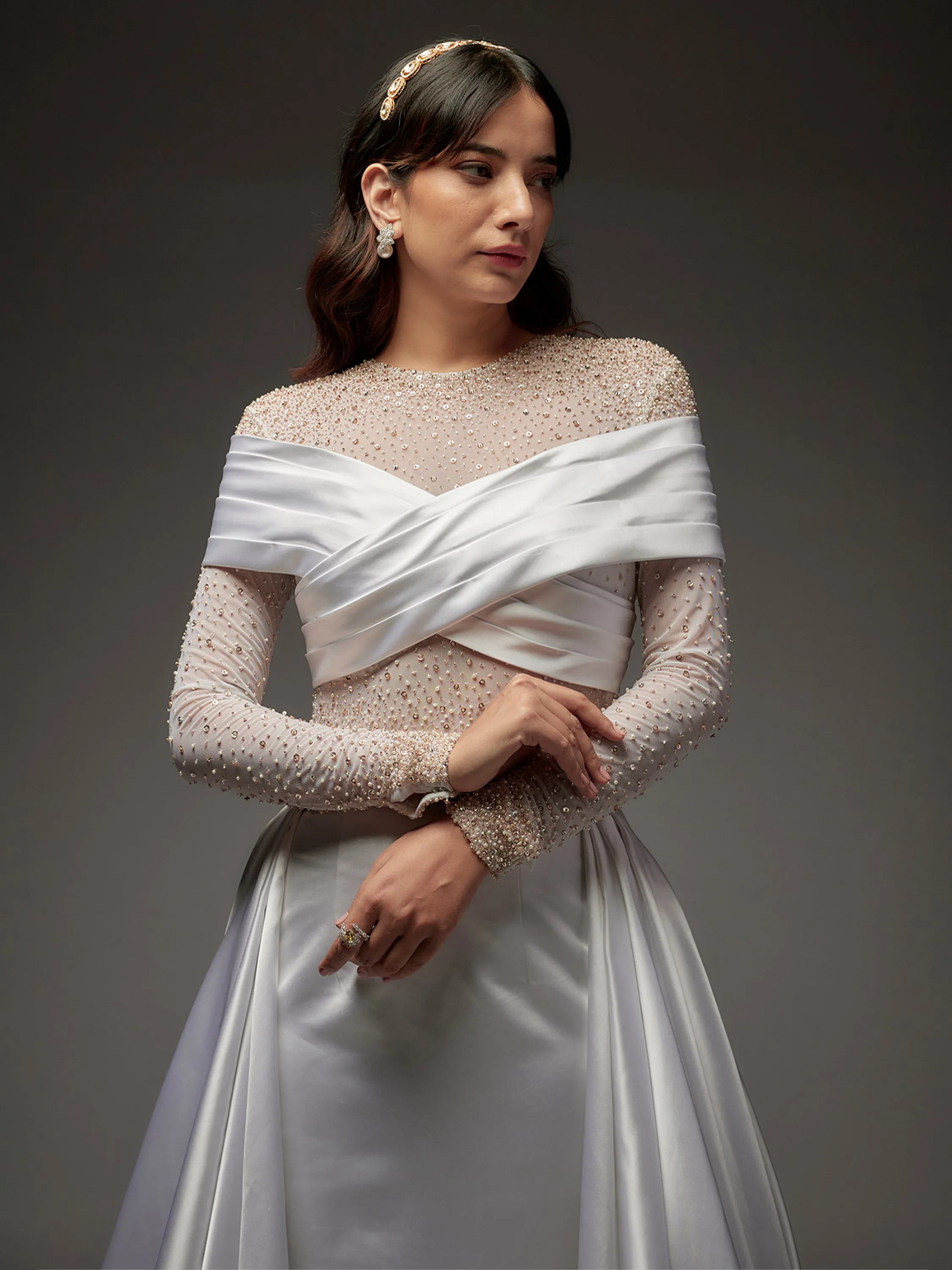 White Satin Hand Embroidered Bridal Gown with Trail