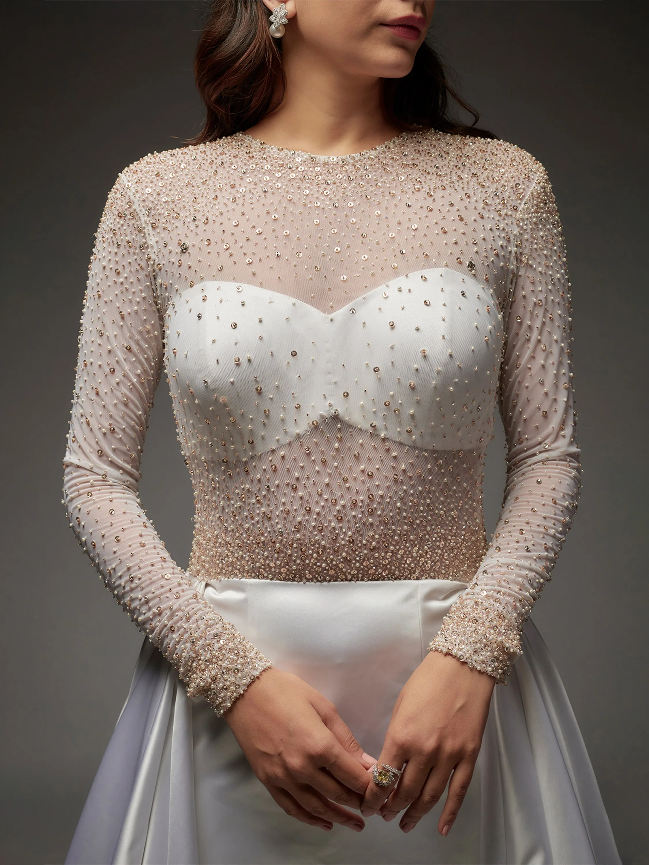 White Satin Hand Embroidered Bridal Gown with Trail