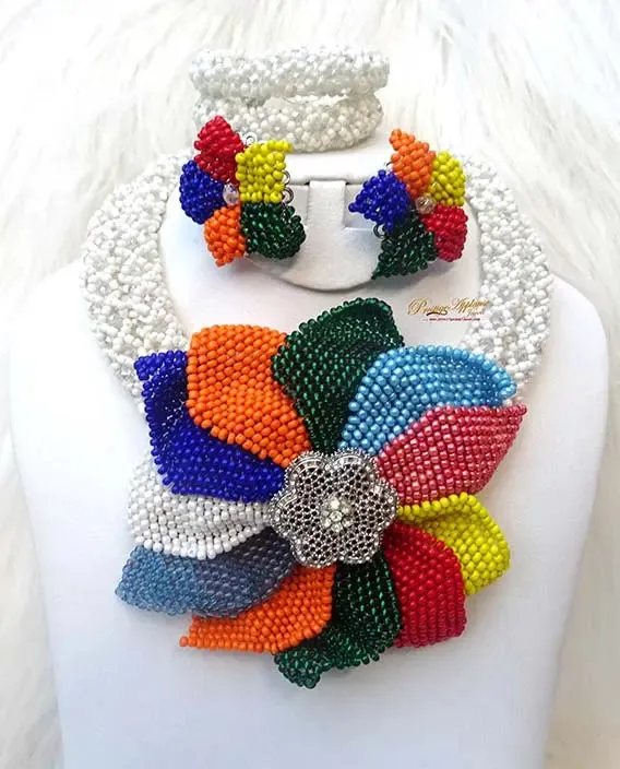 White with Multi color Handmade Flower Party African Bridal Wedding Nigerian Beads Jewellery Set