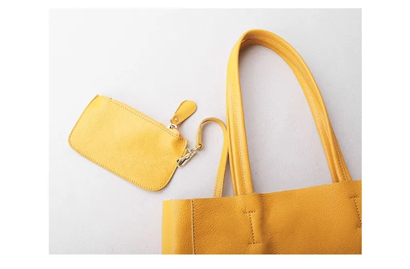 Women Luxury Bag Casual Tote Female Lemon Yellow Cowhide Genuine Leather