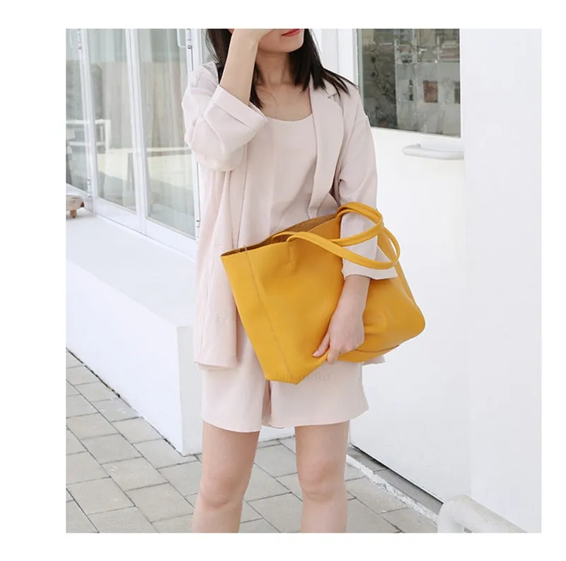 Women Luxury Bag Casual Tote Female Lemon Yellow Cowhide Genuine Leather