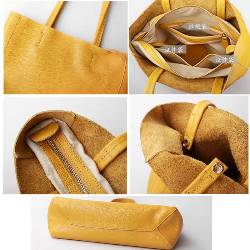 Women Luxury Bag Casual Tote Female Lemon Yellow Cowhide Genuine Leather