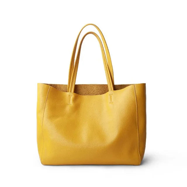 Women Luxury Bag Casual Tote Female Lemon Yellow Cowhide Genuine Leather