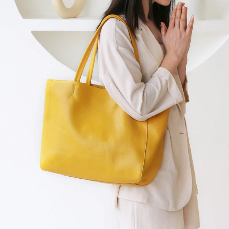 Women Luxury Bag Casual Tote Female Lemon Yellow Cowhide Genuine Leather