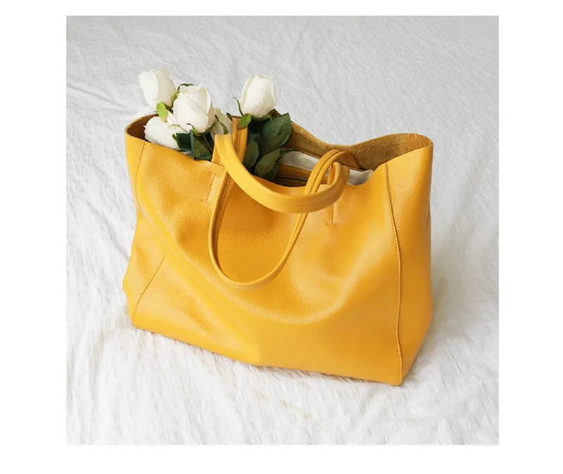 Women Luxury Bag Casual Tote Female Lemon Yellow Cowhide Genuine Leather