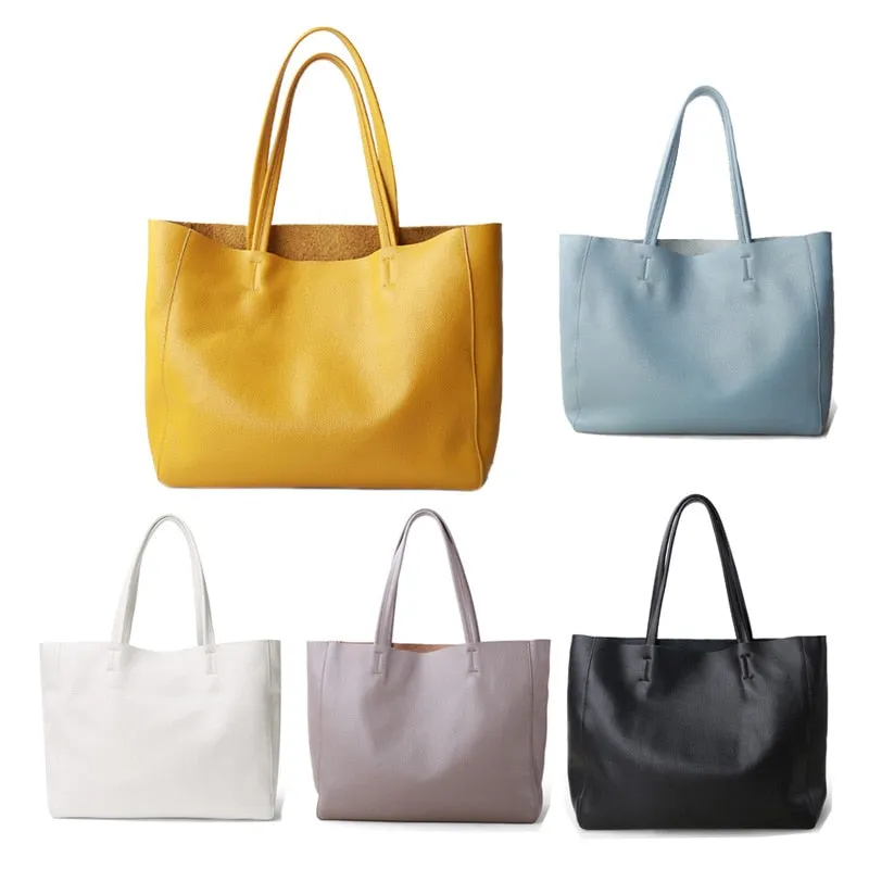 Women Luxury Bag Casual Tote Female Lemon Yellow Cowhide Genuine Leather