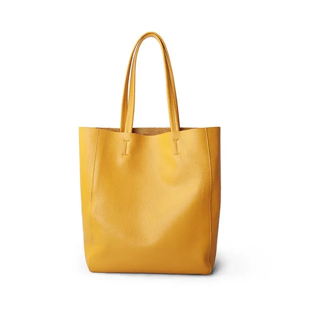 Women Luxury Bag Casual Tote Female Lemon Yellow Cowhide Genuine Leather