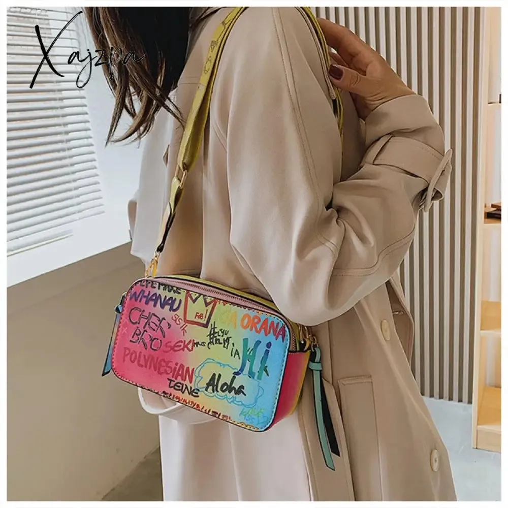 Xajzpa - Letter Graffiti PU Leather Small Crossbody Bags Women Fashion Shoulder Bag Luxury Designer Handbags Female Mobile Phone Purses
