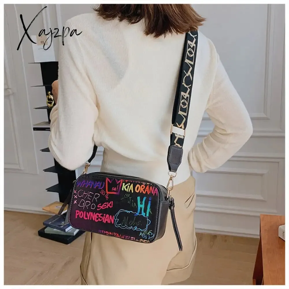 Xajzpa - Letter Graffiti PU Leather Small Crossbody Bags Women Fashion Shoulder Bag Luxury Designer Handbags Female Mobile Phone Purses