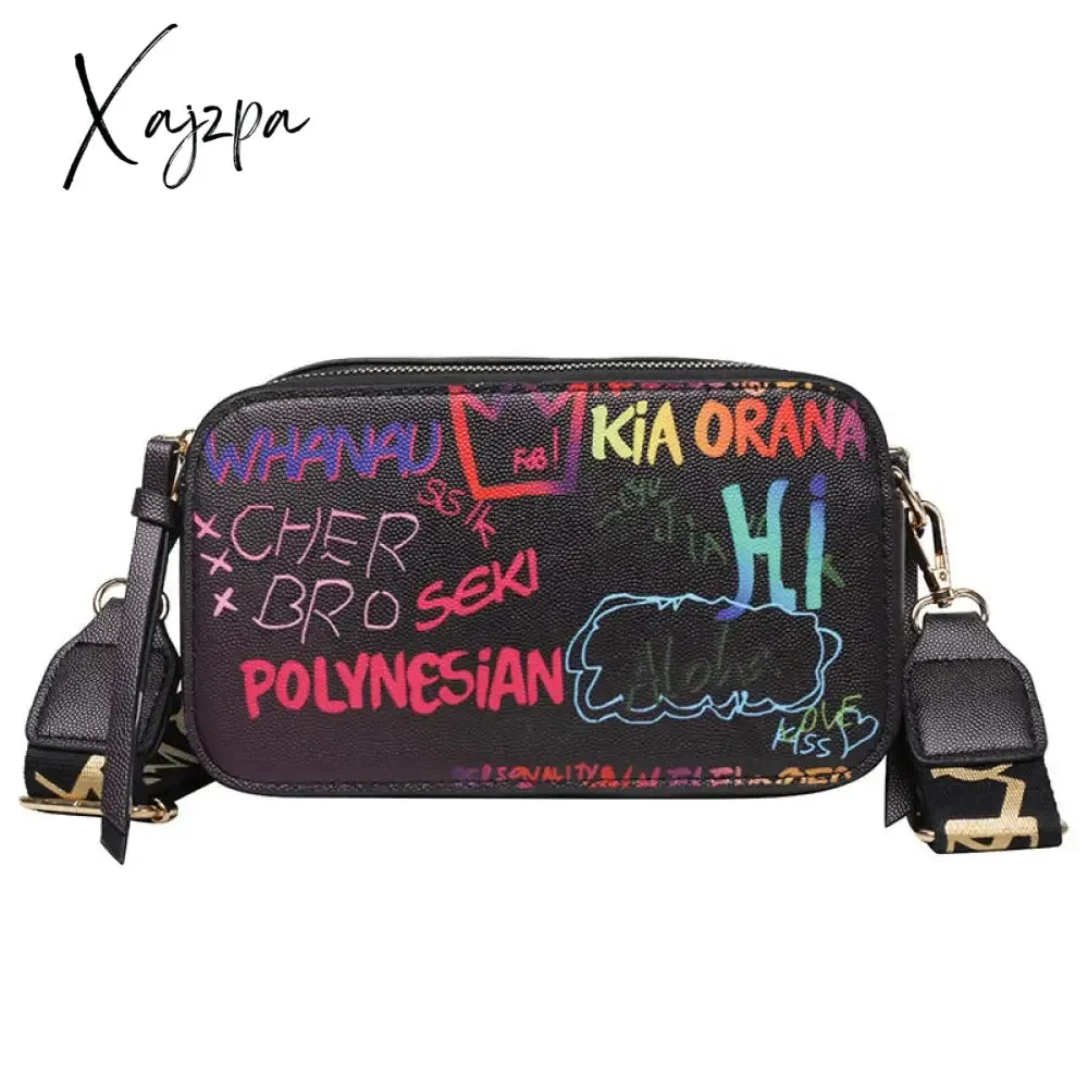 Xajzpa - Letter Graffiti PU Leather Small Crossbody Bags Women Fashion Shoulder Bag Luxury Designer Handbags Female Mobile Phone Purses