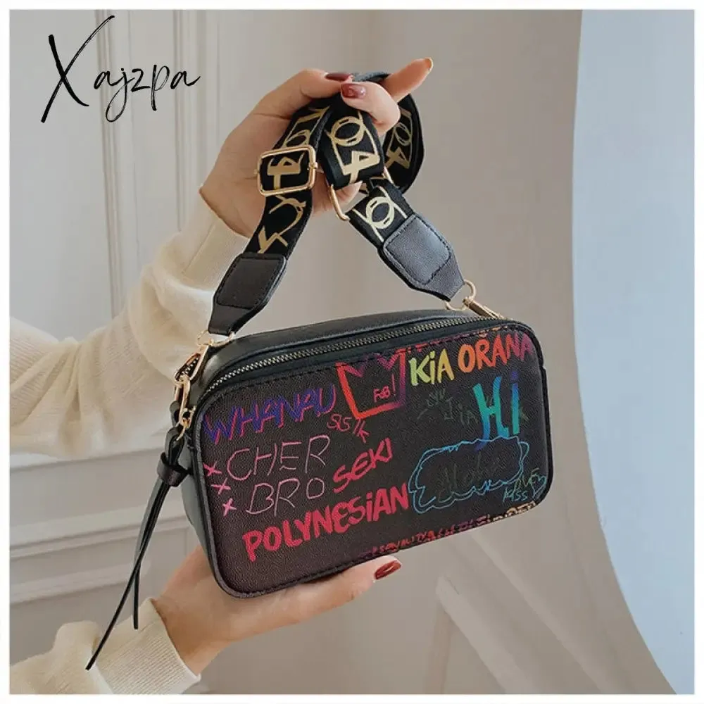Xajzpa - Letter Graffiti PU Leather Small Crossbody Bags Women Fashion Shoulder Bag Luxury Designer Handbags Female Mobile Phone Purses