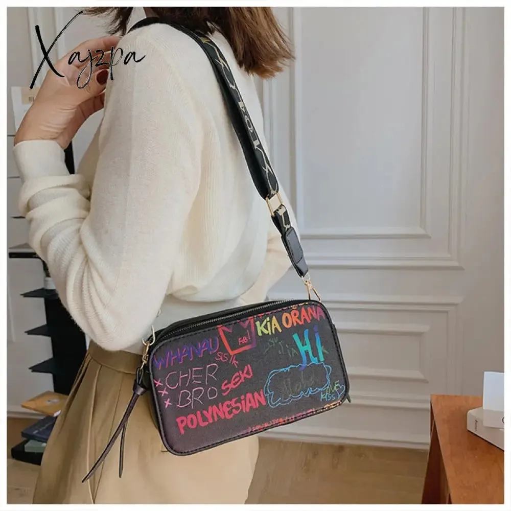 Xajzpa - Letter Graffiti PU Leather Small Crossbody Bags Women Fashion Shoulder Bag Luxury Designer Handbags Female Mobile Phone Purses