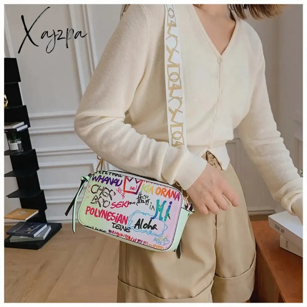 Xajzpa - Letter Graffiti PU Leather Small Crossbody Bags Women Fashion Shoulder Bag Luxury Designer Handbags Female Mobile Phone Purses